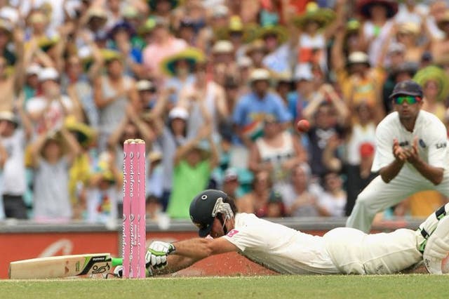 Ricky Ponting had to hurl himself down the wicket to
complete his ton