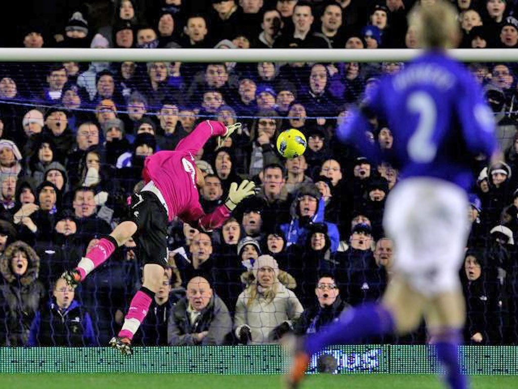 Bolton goalkeeper Adam Bogdan fails to prevent Everton goalkeeper Tim Howard scoring the opening goal of the game