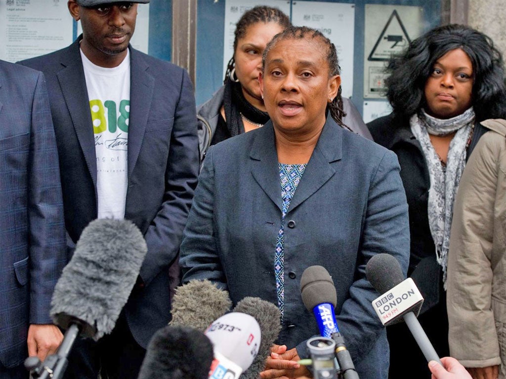 The mother of murdered British black teenager Stephen Lawrence, Doreen Lawrence, speaks to the media outside the Old Bailey
