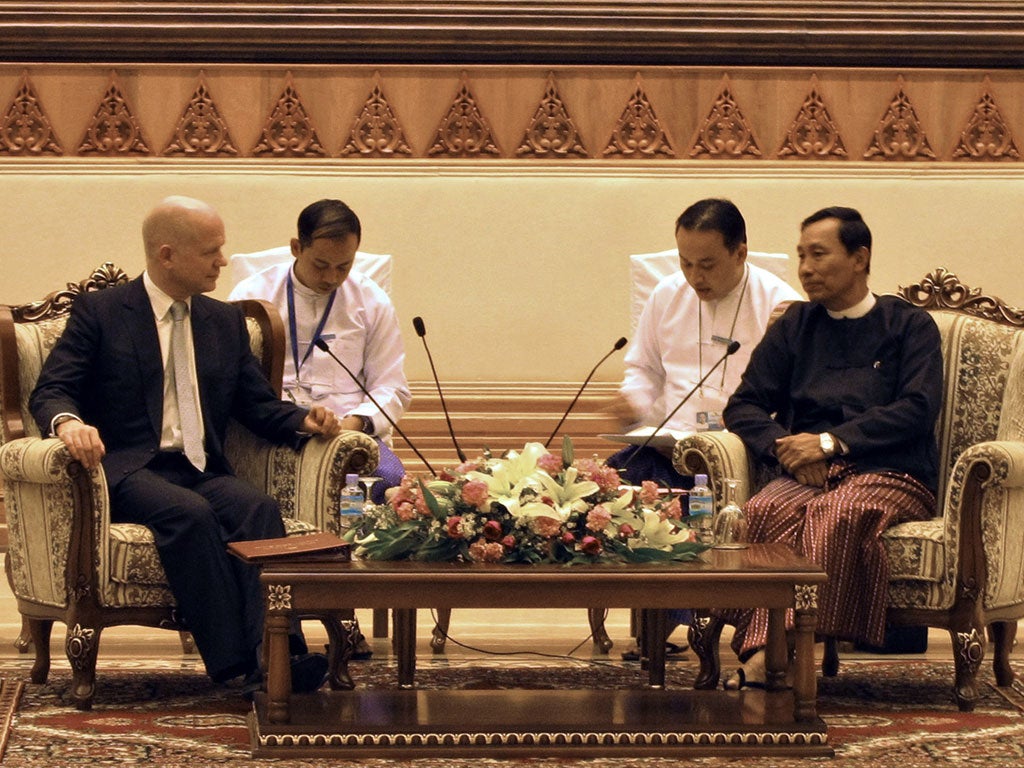William Hague (left) meets with Thura Shwe Mann, the speaker of Burma's parliament