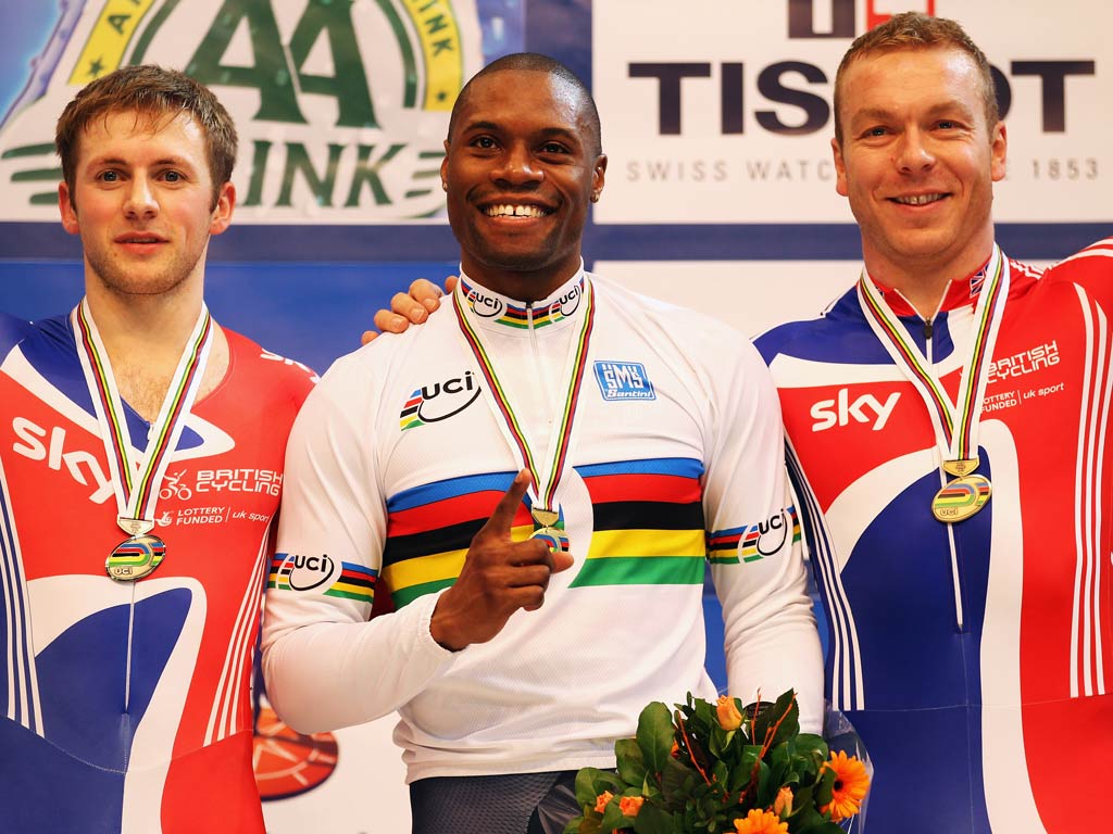 Gregory Bauge, flanked by Kenny and Hoy after winning the gold medal