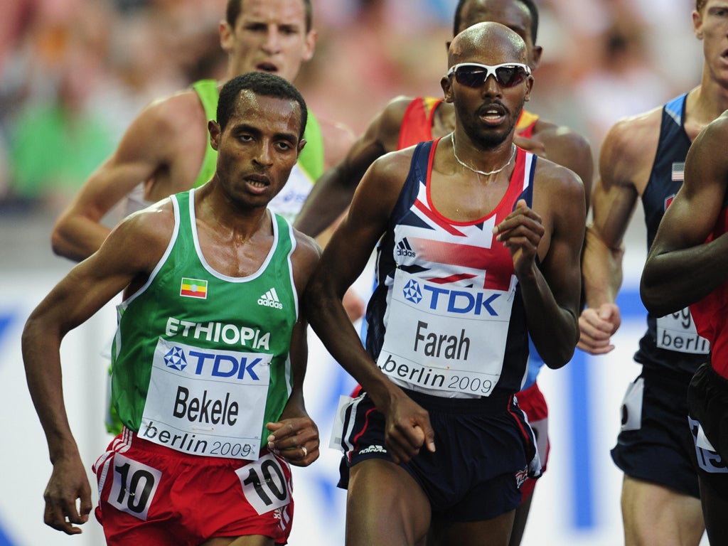 Kenenisa Bekele (left), of Ethiopia, goes shoulder-to-shoulder with Britain's Mo Farah in the 5,000m at the 2009 World Championships in Berlin