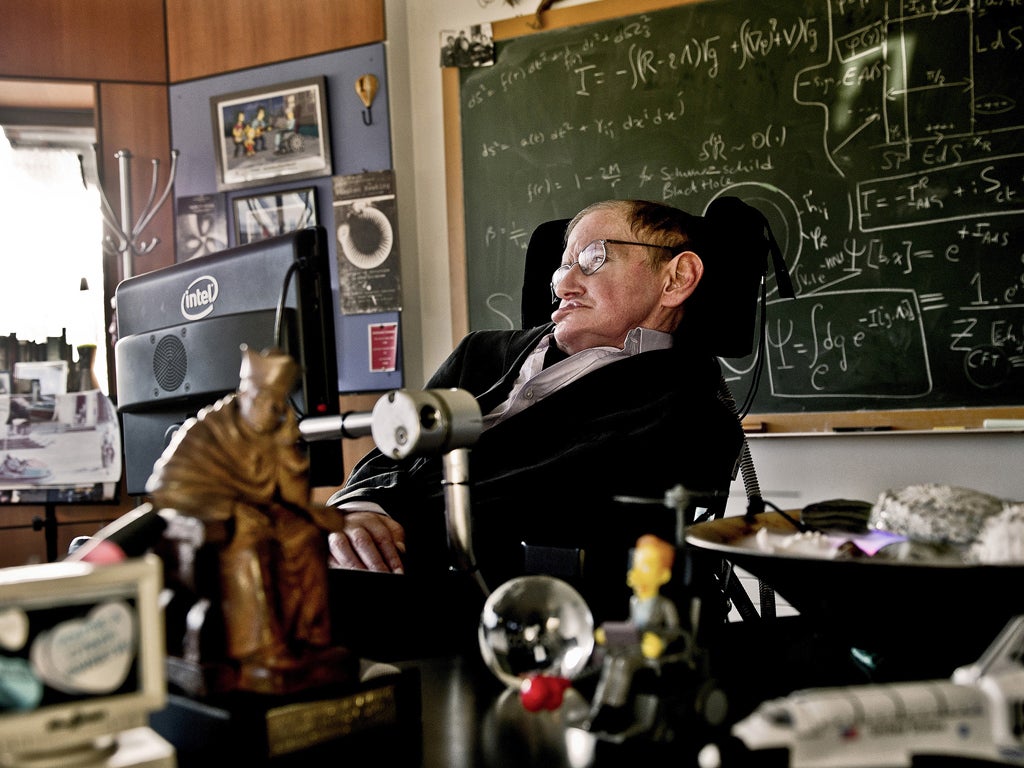 Professor Stephen Hawking in his office at the Department of Applied Mathematics and Theoretical Physics at Cambridge University
