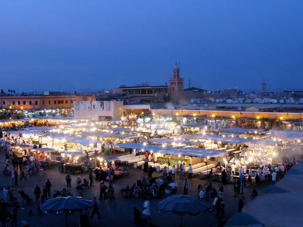 Djemaa el Fna, central Marrakech, has entertainment every evening