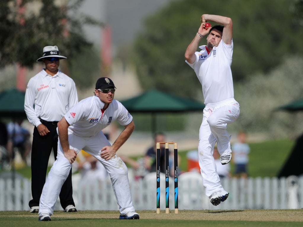 England's James Anderson bowls on day one of their first tour match in Dubai
