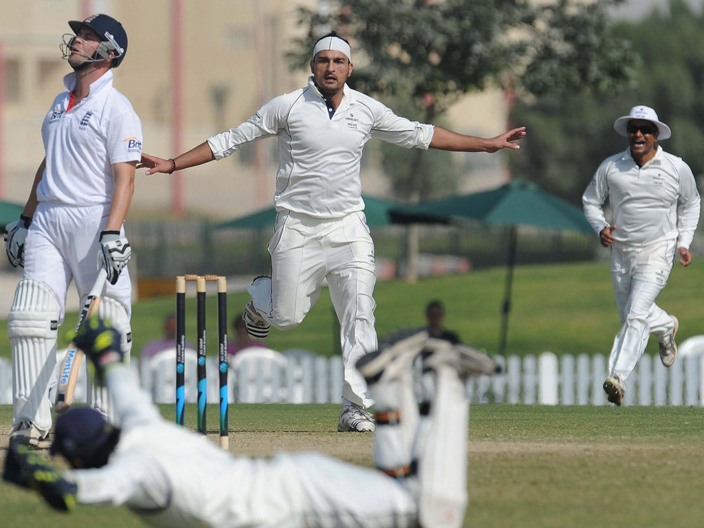 Afghanistan bowler Hamid Hassan celebrates after dismissing England’s Jonathan Trott for the ICC
Combined XI in Dubai