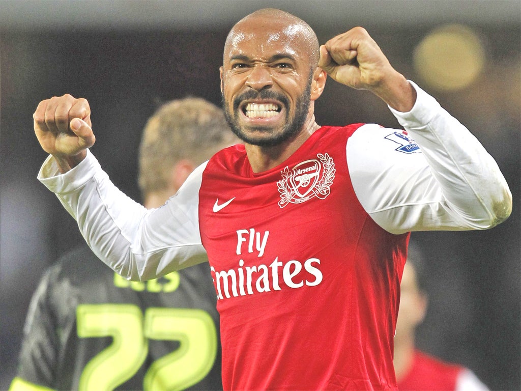 Thierry Henry reacts at the final whistle having scored the winner against Leeds United