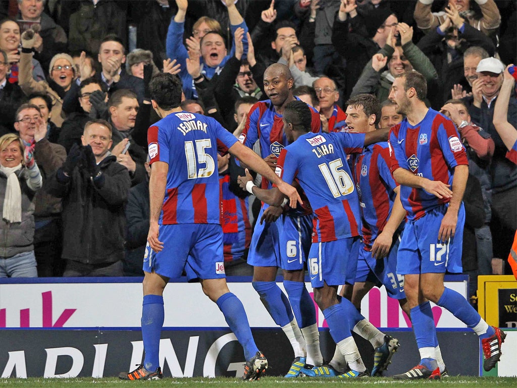Crystal Palace's Anthony Gardner celebrates with his team mates after scoring against Cardiff