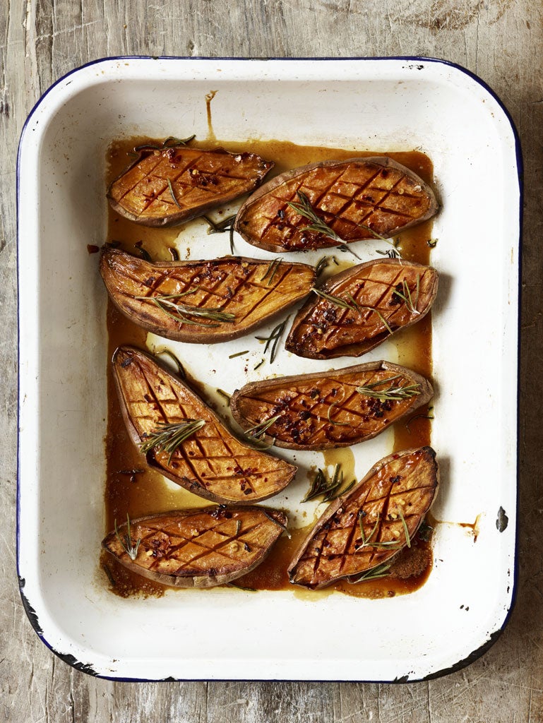Baked sweet potatoes with honey, chilli and rosemary