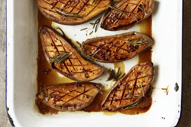 Baked sweet potatoes with honey, chilli and rosemary