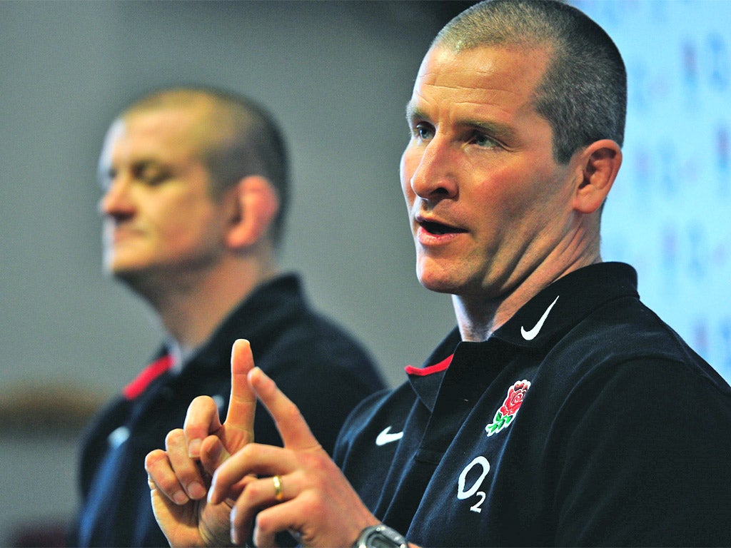 Stuart Lancaster and forwards coach Graham Rowntree hold court