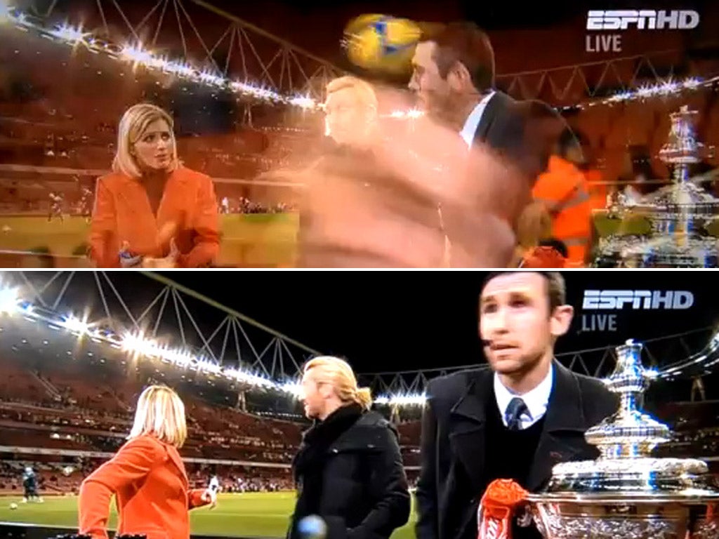 The moment that Martin Keown was hit by a ball on the touchline