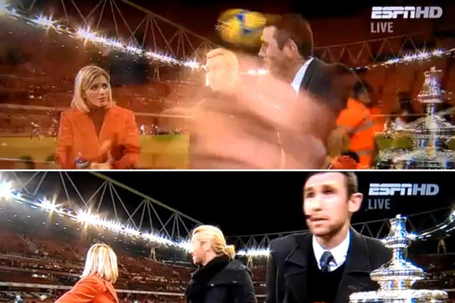 The moment that Martin Keown was hit by a ball on the touchline