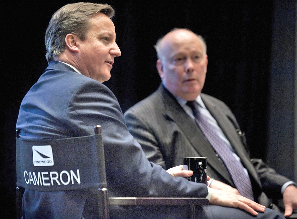 David Cameron with Julian Fellowes at Pinewood yesterday