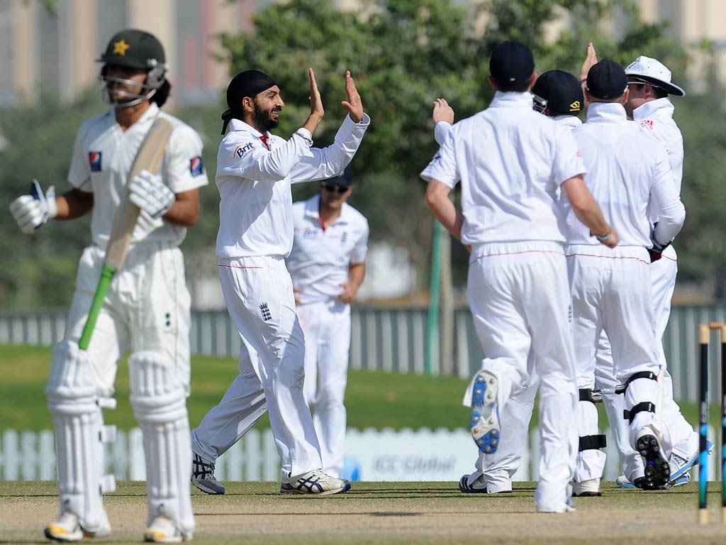 Panesar celebrates the taking of a wicket earlier today