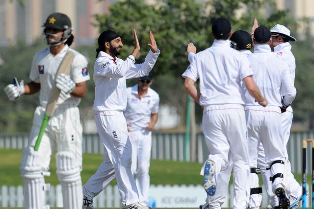 Panesar celebrates the taking of a wicket earlier today