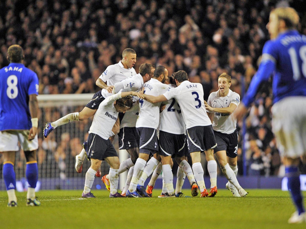 Spurs fullback Benoît Assou-Ekotto celebrates his goal against Everton