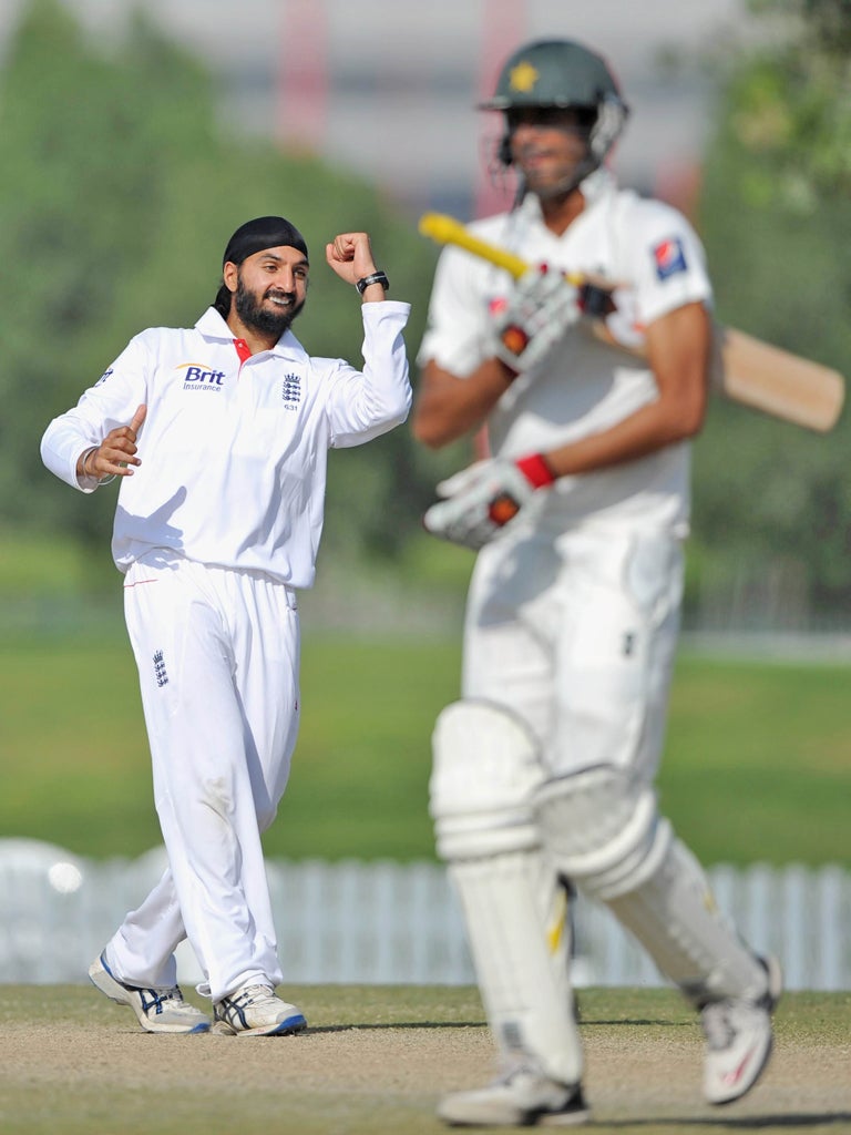 England spinner Monty Panesar performs a relatively low-key celebration after dismissing Mohammad Talha