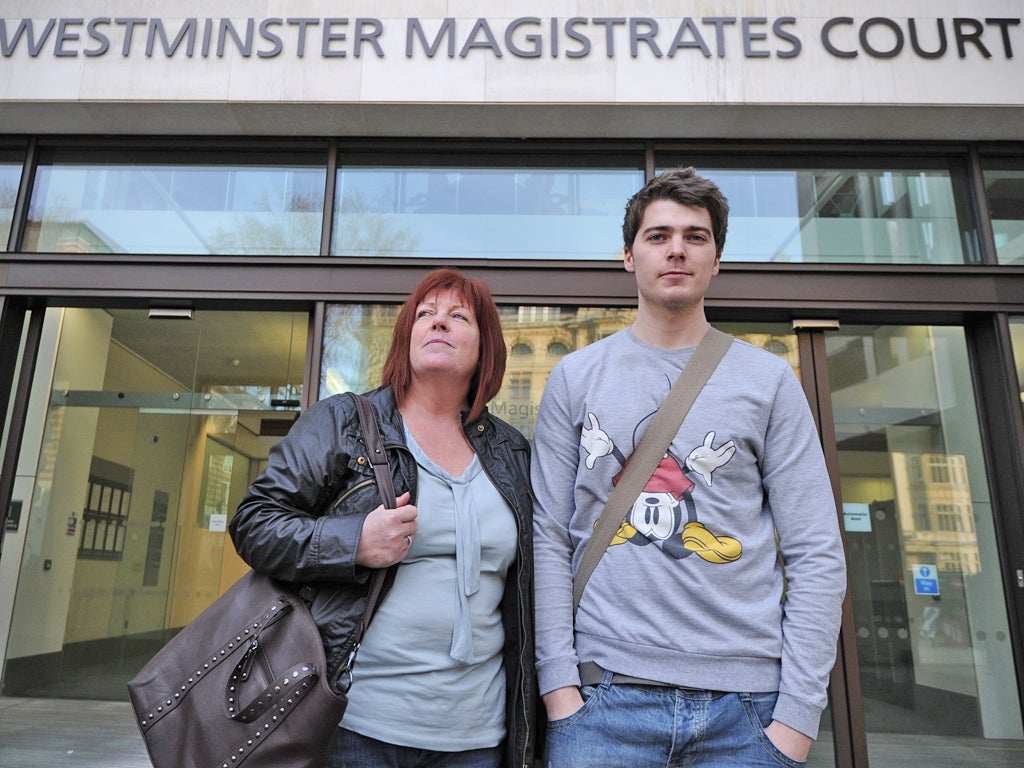 Student, Richard O'Dwyer stands with his mother Julia as they arrive at Westminster Magistrates Court in central London