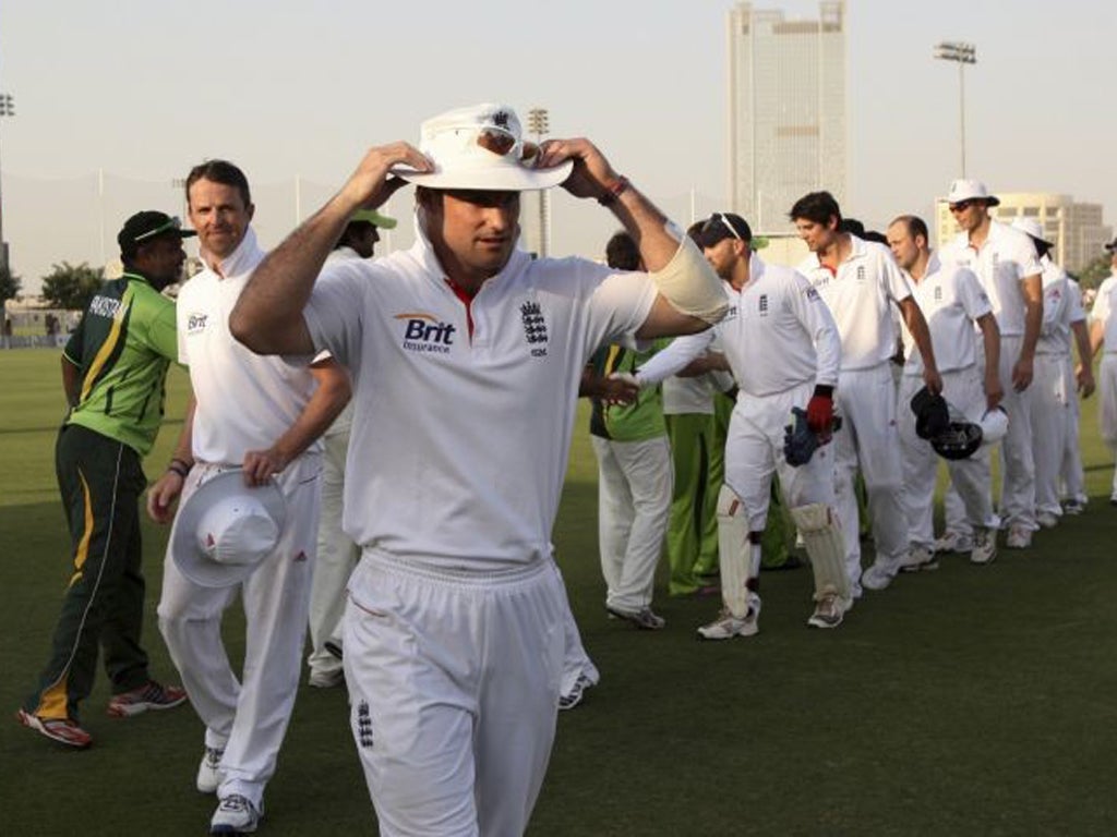 Andrew Strauss leads his team off the field after yesterday's victory