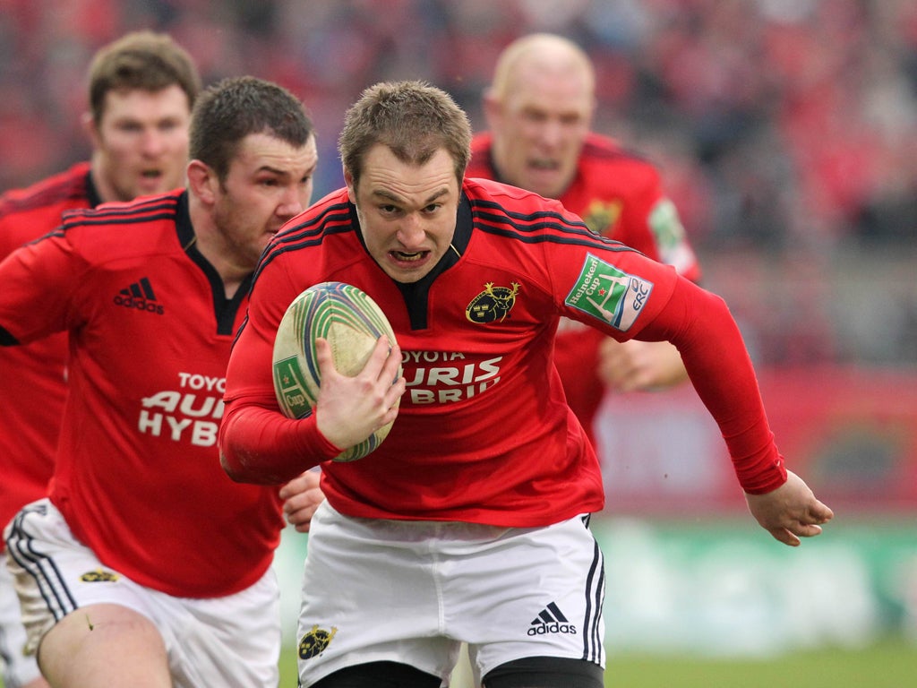 Johne Murphy, pictured, and Wian du Preez scored Munster's tries against Castres