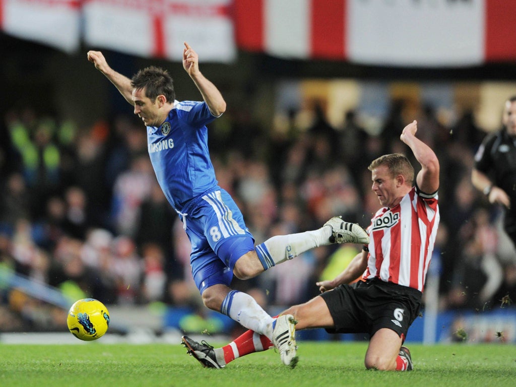 The Chelsea matchwinner, Frank Lampard, is brought down by Sunderland's Lee Cattermole during a 1-0 win for the Blues at Stamford Bridge