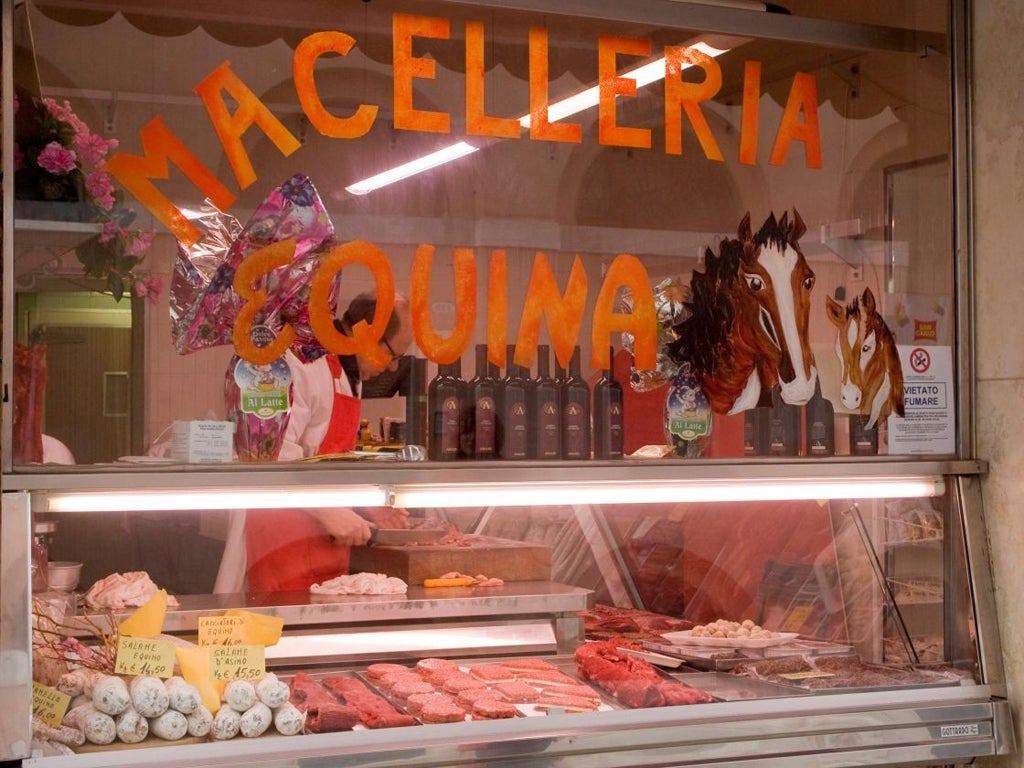 Europe, Italy, Venice. A butcher shop specializing in horse meat.