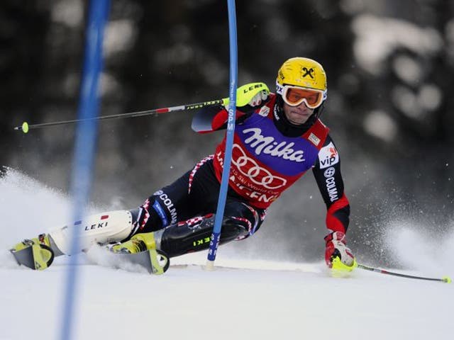 Ivica Kostelic on his way to a third straight win in the Wengen slalom