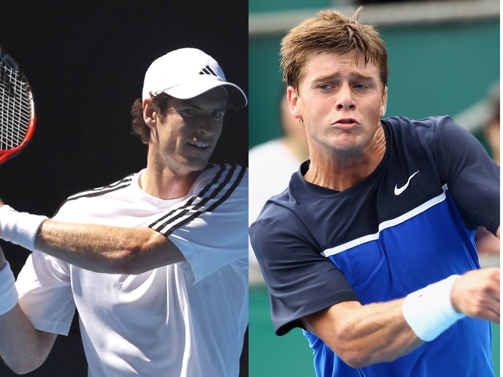 Ryan Harrison (right) is a 'serial racket-thrower'; but has a powerful game; Andy Murray practises in Melbourne yesterday