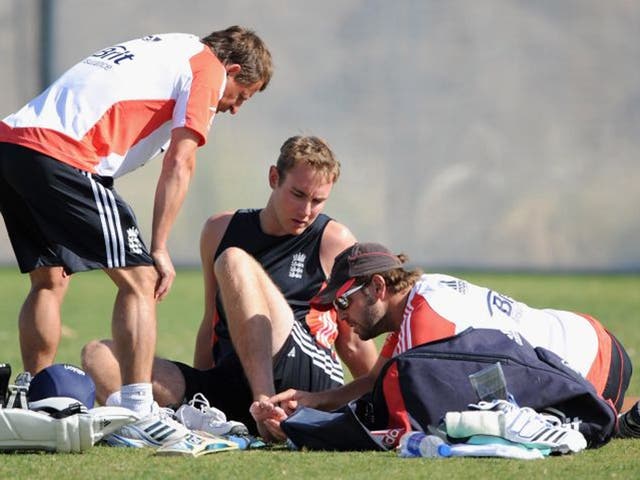 England's Stuart Broad has treatment after being hit on the foot in the nets ahead of tomorrow's first Test against Pakistan