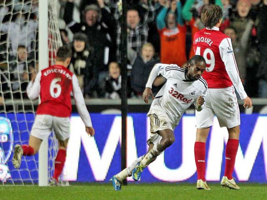 Nathan Dyer turns away after scoring Swansea's second against Arsenal