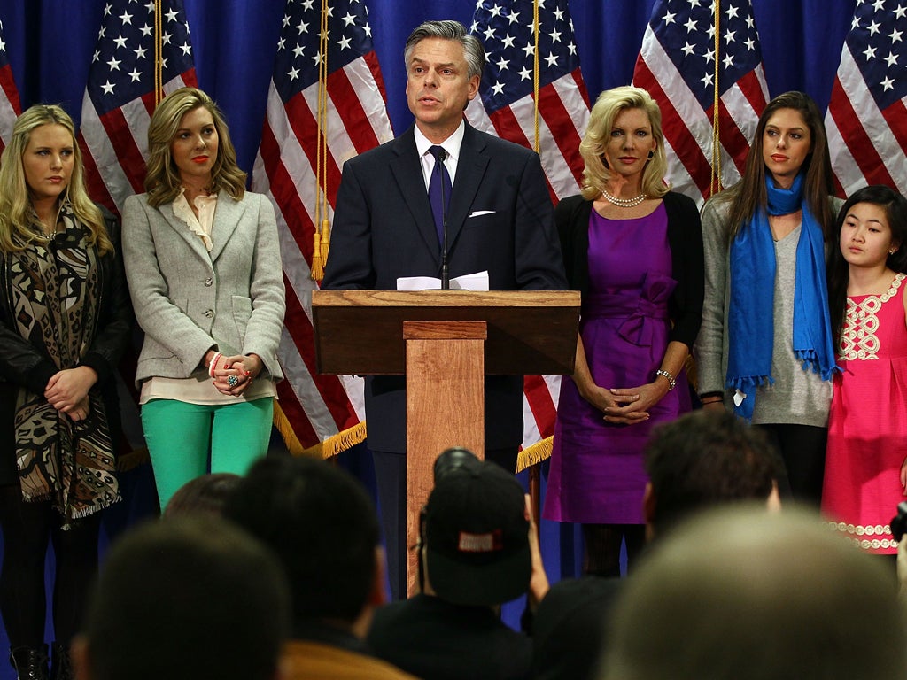 Jon Huntsman next to his wife, Mary Kaye, with daughters Liddy, Mary Anne, Abby and Gracie Mei