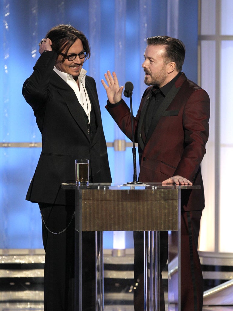 Best one-liner: Ricky Gervais to Johnny Depp: 'I want to ask you a
question, and be honest - are you on recreational drugs? I'm
joking, that’s not the question. We know the answer. Have you seen
The Tourist yet?'