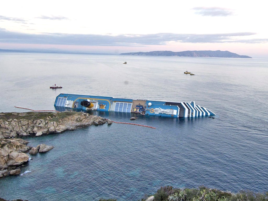 The stricken cruise liner Costa Concordia off the Island of Giglio