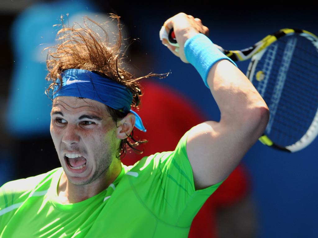 Rafa Nadal slugged it out on the Rod Laver Arena against German veteran Tommy Haas to win 6-4 6-3 6-4.