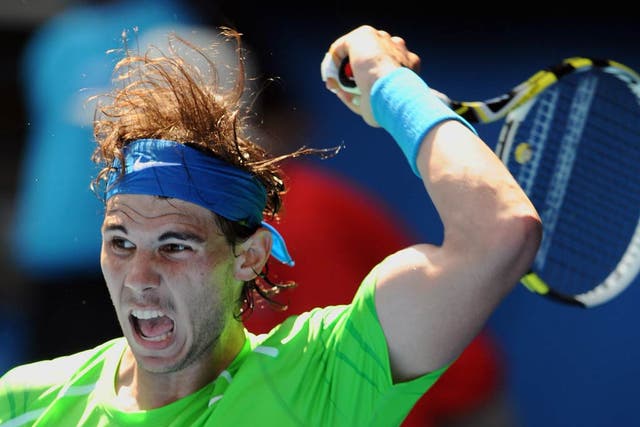 Rafa Nadal slugged it out on the Rod Laver Arena against German veteran Tommy Haas to win 6-4 6-3 6-4.