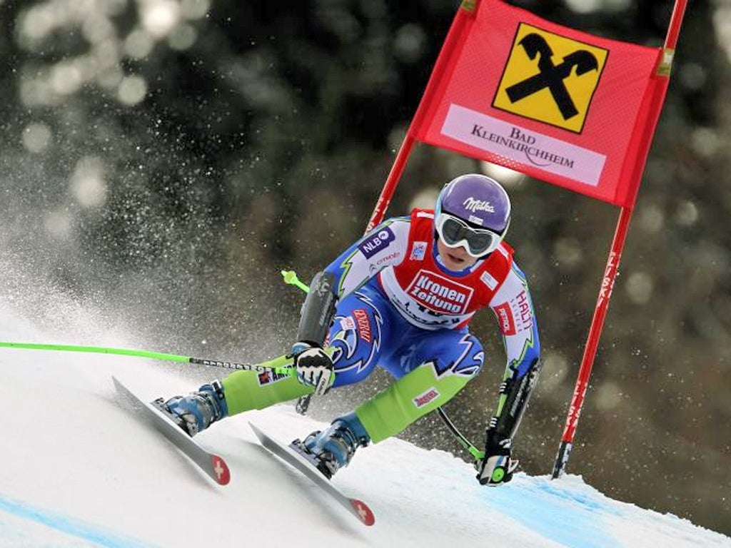Slovenian skier Tina Maze pictured in action at the race in Austria where she was accused of wearing banned underwear