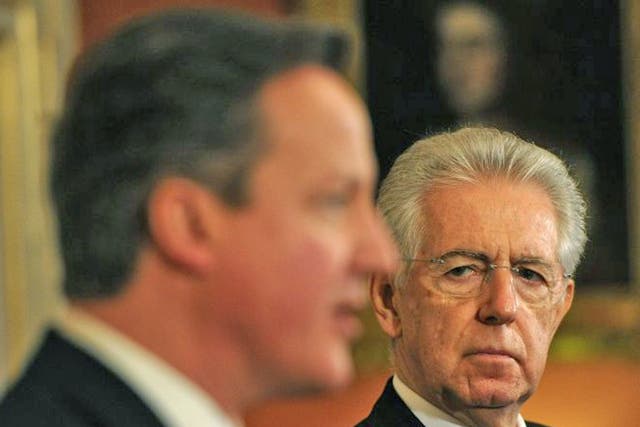 David Cameron with the Italian premier Mario Monti yesterday