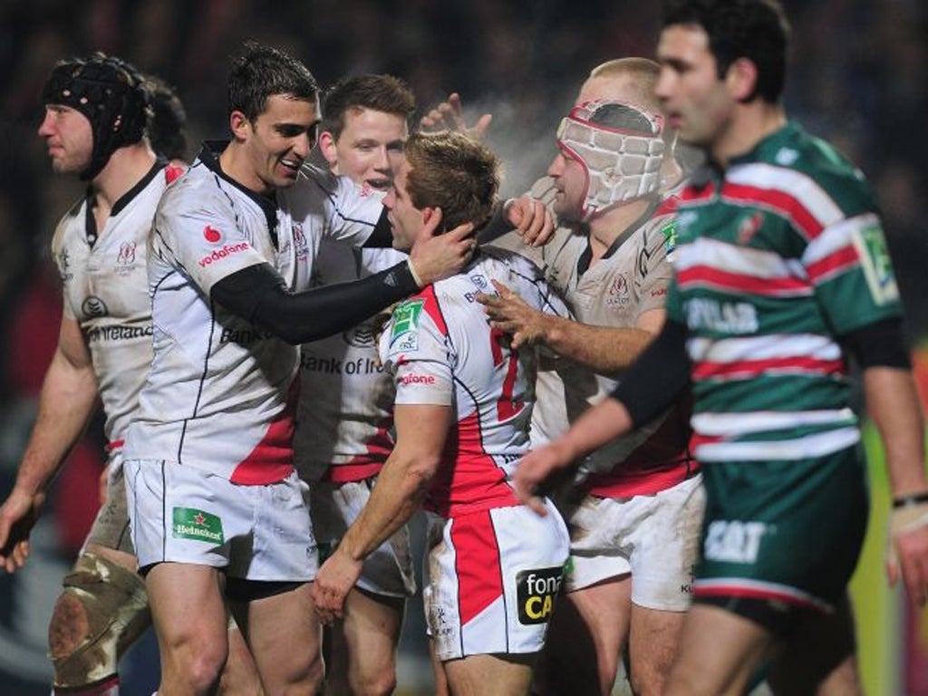 Paul Marshall celebrates scoring a try in Ulster's 41-7 win over
Leicester last week