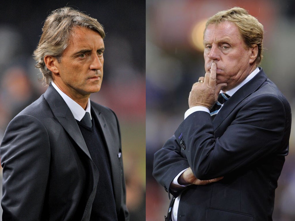 Manchester City manager Roberto Mancini (left) and Tottenham Hotspurs manager Harry Redknapp
