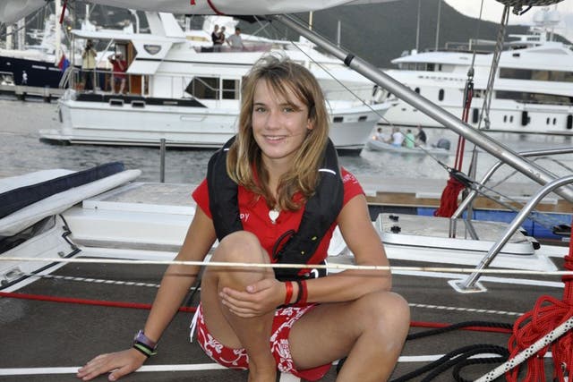 Laura Dekker on her sailboat Guppy in Simpson Bay at the start of her 500-day round-the-world adventure that is nearing its end