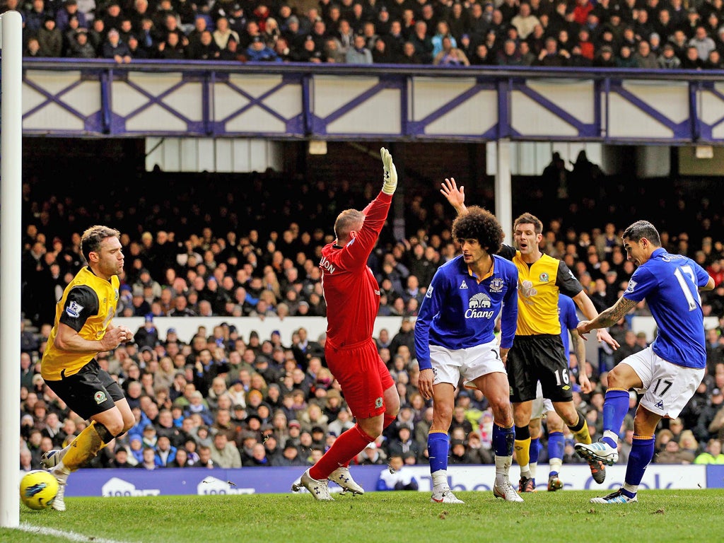 At last: Tim Cahill scores his first Everton goal since December 2010