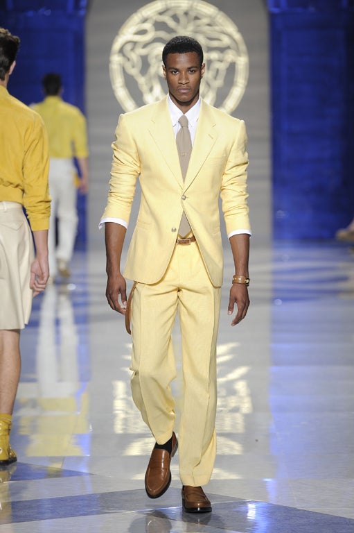 Both Mugler and Versace (pictured) gave us pastels galore, sometimes from head to toe