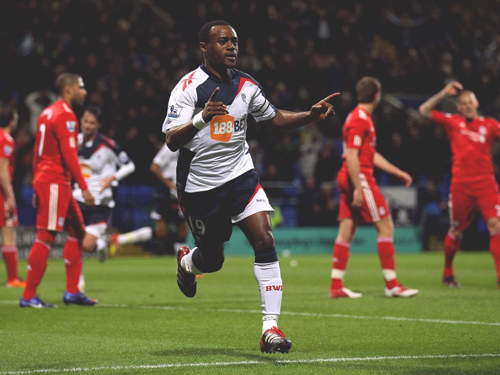 Liverpool’s frustration is evident as Nigel Reo-Coker turns away after scoring Bolton’s second
goal on Saturday