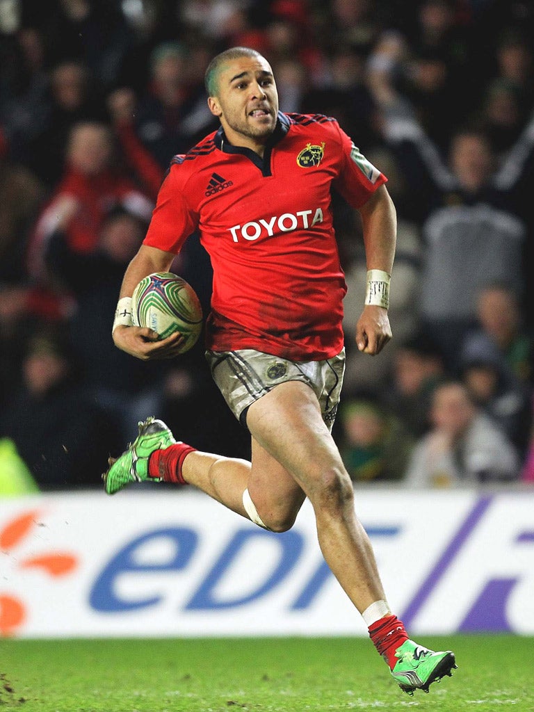 Munster’s Simon Zebo races away for his second try on Saturday
