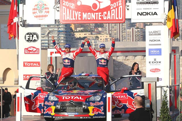 Sébastien Loeb (right) and co-driver Daniel Elena celebrate victory in Monte Carlo as the Frenchman bids for a record ninth world title