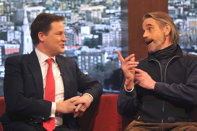 Actor Jeremy Irons with Deputy Prime Minister Nick Clegg on BBC’s The Andrew Marr Show yesterday