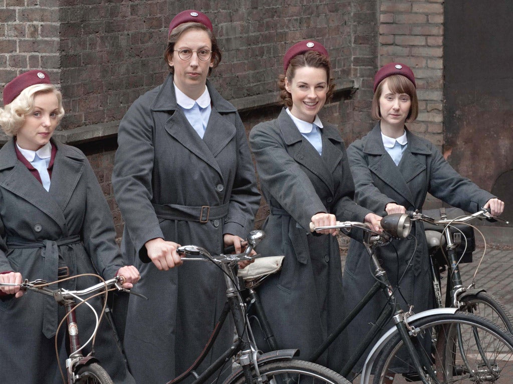 The BBC has enjoyed surprise success with
Call the Midwife, which stars, from left, Helen George, Miranda Hart, Jessica Raine and Bryony
Hannah