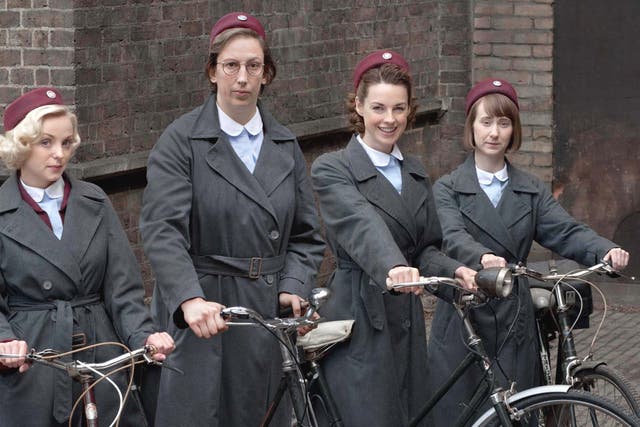 The BBC has enjoyed surprise success with
Call the Midwife, which stars, from left, Helen George, Miranda Hart, Jessica Raine and Bryony
Hannah