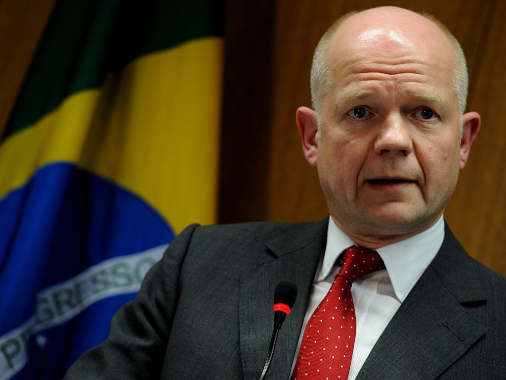 Hague said an EU oil embargo due to be formally agreed against the regime within hours was part of 'peaceful and legitimate' measures and not designed to trigger conflict